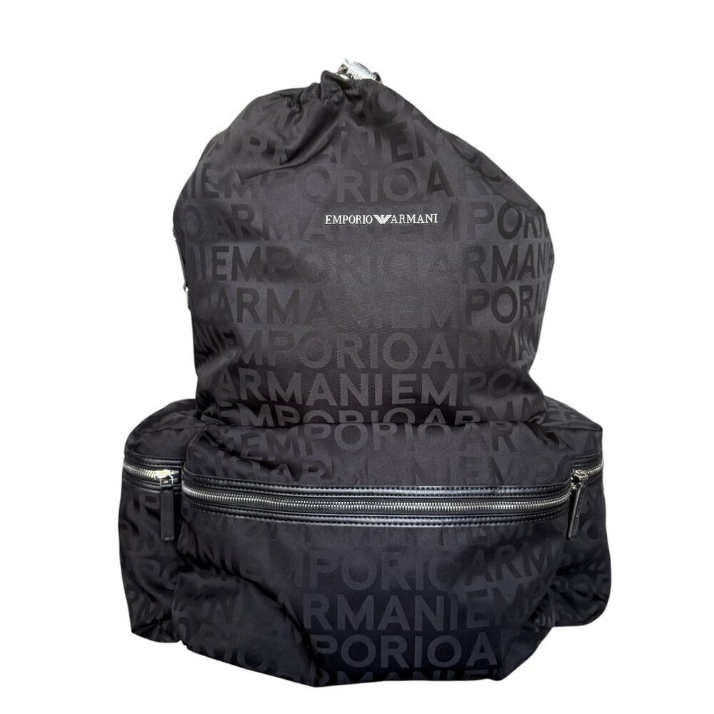 New Emporio Armani Black Nylon oversized‎ Drawstring Logo Backpack